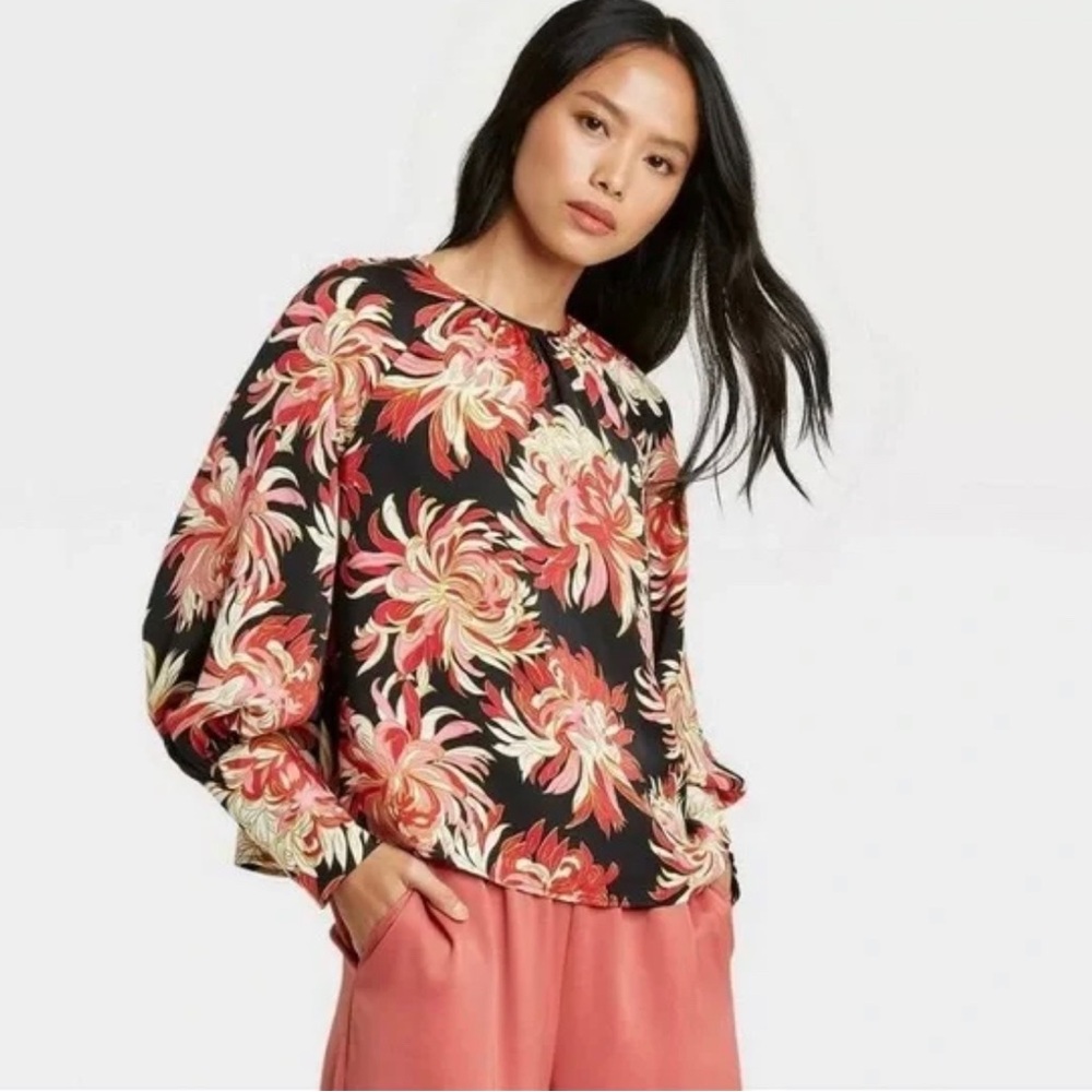 Who What Wear Floral Balloon Sleeve Button Cuff Blouse Size M